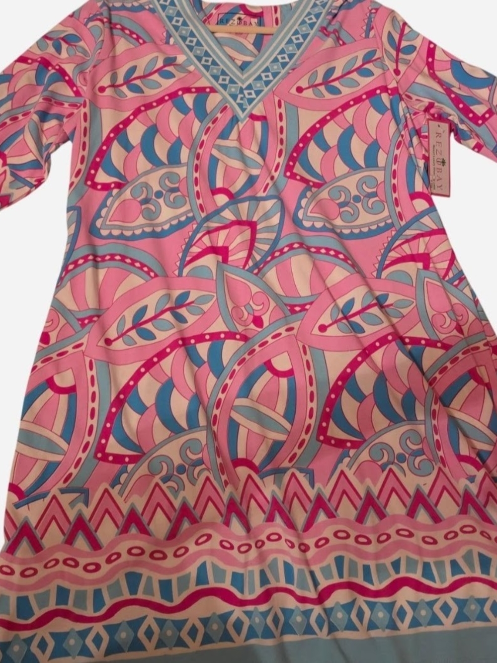 V-Neck Casual Dress in Pink & Blue Floral Geometric Print